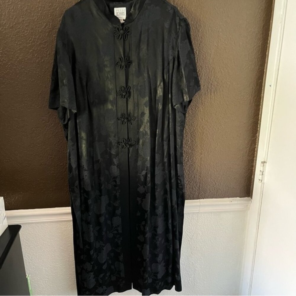 Black Long Length Chinese Style Button Down Embroidered Coat with Pants, 24W